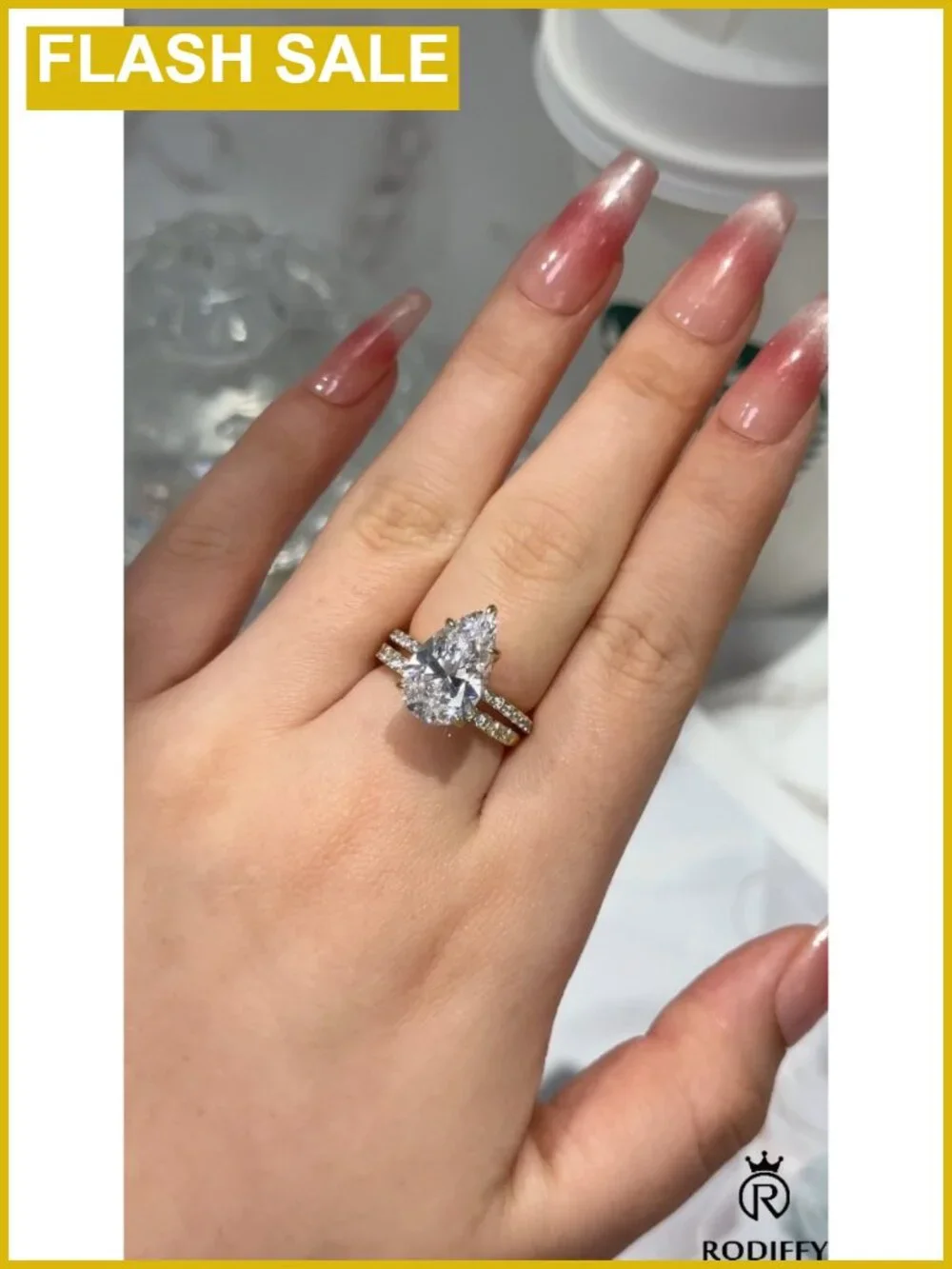 5CT Pear Cut CZ S925 Silver 18K White Gold Plated Wedding Ring Set
